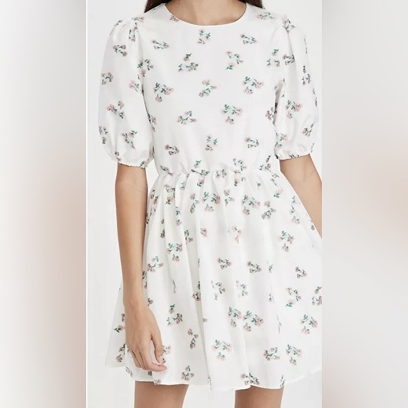 Sister Jane White Floral Embroidered Backless Baby Doll Mini Puff Sleeve Dress - Picture 15 of 17